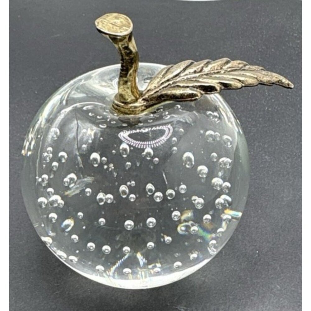 Art Glass Apple Paperweight Controlled Bubbles Clear Brass Stem and Leaf Vintage